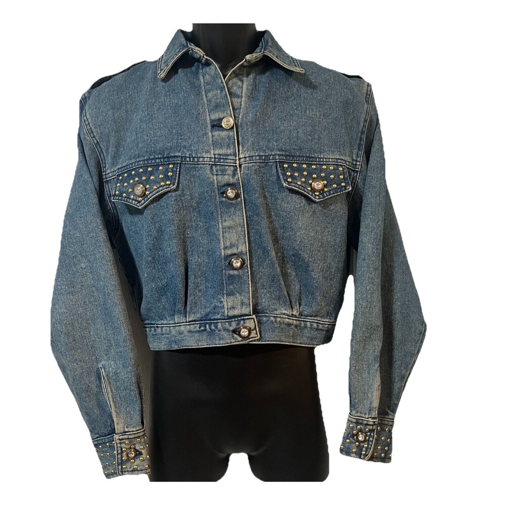 Vintage 80s Cropped Denim Jacket Studded Rhinestone Buttons USA Made Opal Size S